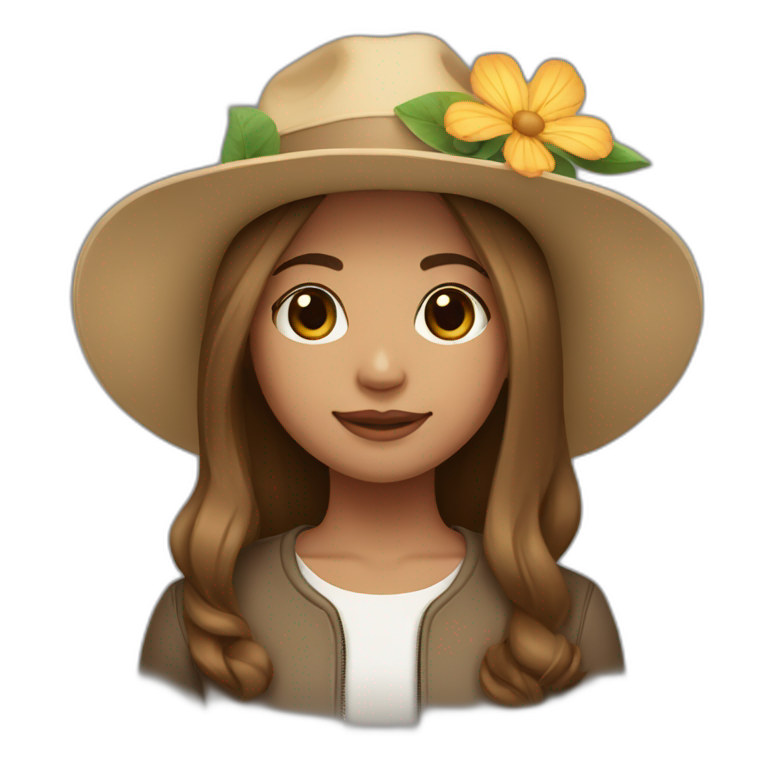 Light skin, Girl with a flower in her hand, with a hat, shoulder-length brown straight hair emoji
