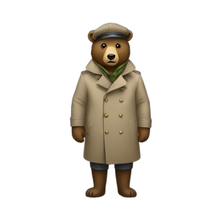 Bear in a trench coat and beret hat at a door emoji