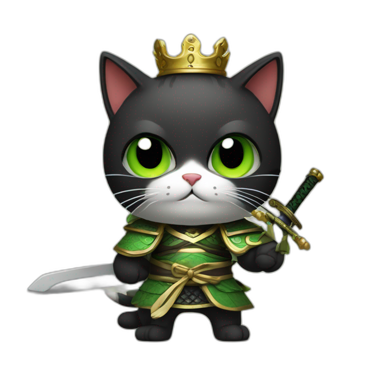 black and green cat with bad face, big wings, holding a samurai sword, dressed like a king emoji