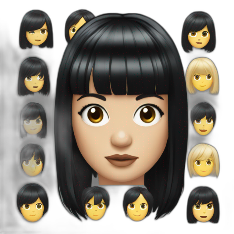 Create emojis who look like 2006 British singer Lily Allen with long black hair and bangs emoji