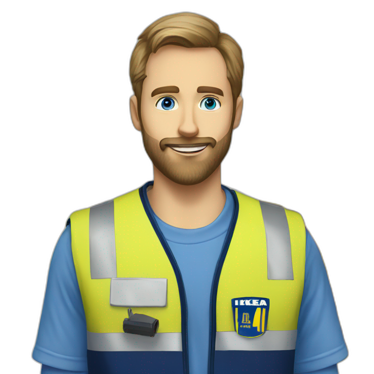 Ikea coworker blue eyes beard manager man blue stripes t-shirt and yellow security vest emoji