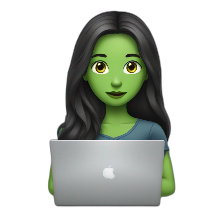 Girl with long dark hair green eyes and laptop emoji