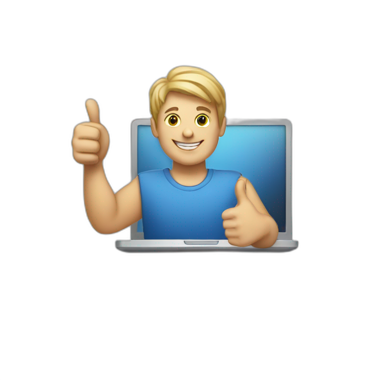 white man holding laptop thumbs up emoji