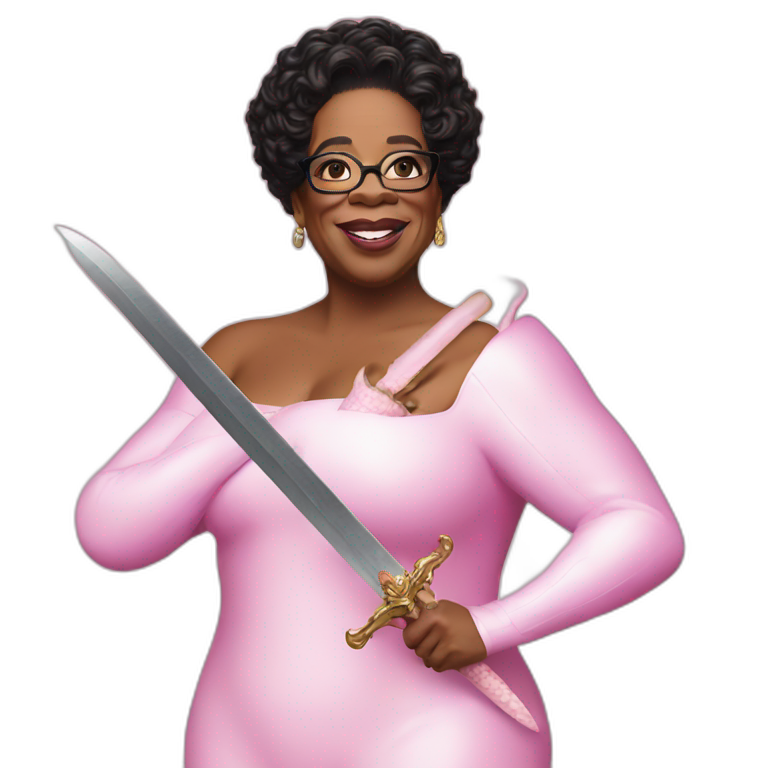 Oprah is mr blobby with a sword eating a live cow emoji