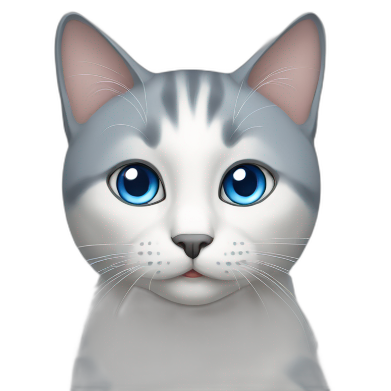 A grey and white  cat has a blue eye emoji
