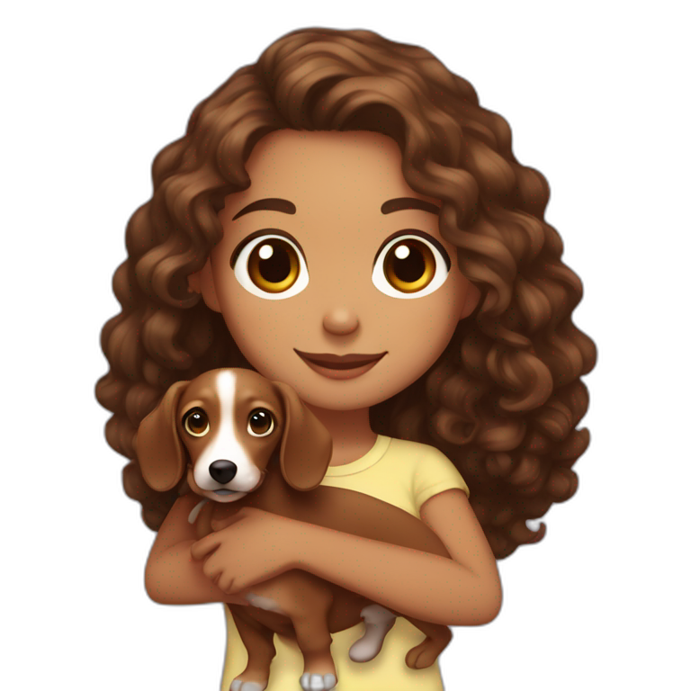 Girl long curly brown hair smiling mixed race et tenant brown eyes and holding a dachshund in her arms emoji