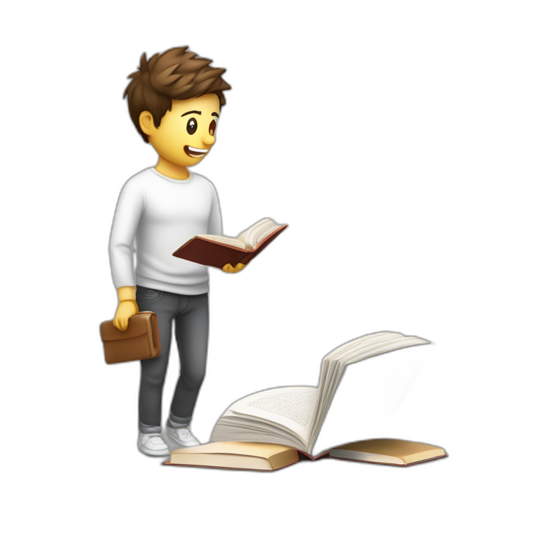 imagen estilizada de un estudiante riendose y saltand sacando fotocopias con un libro en sus manos de piel blanca y cuerpo completo emoji