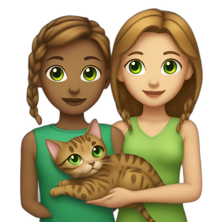Green-eyed girl holding a green-eyed Bengal cat. emoji