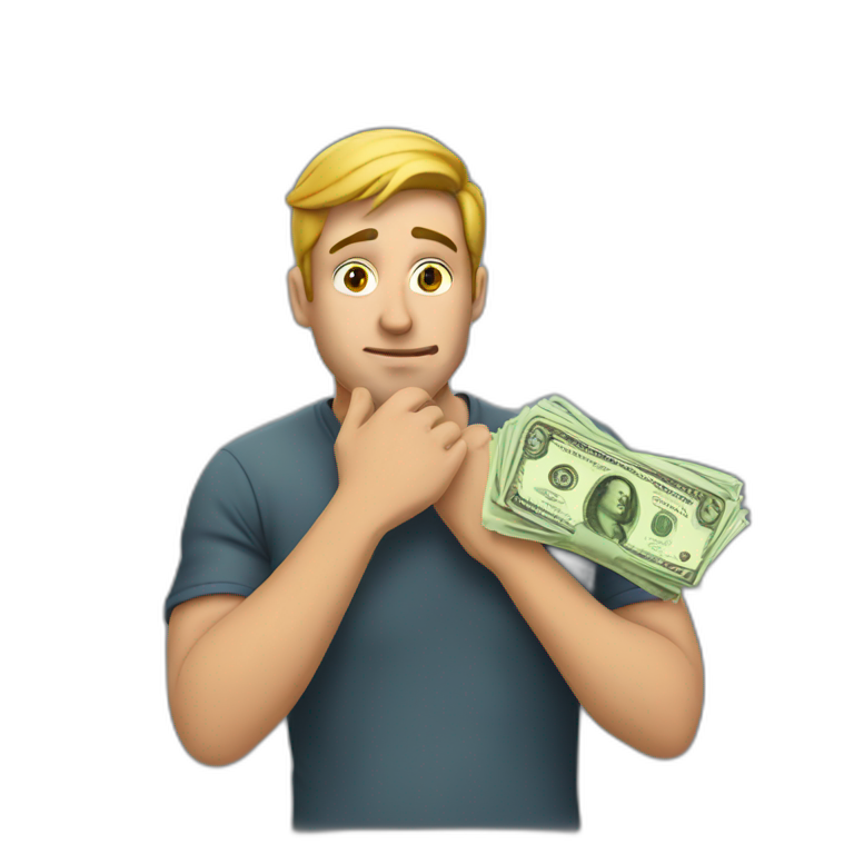 guy with money on his hand and thinking with his hand on his chin  emoji