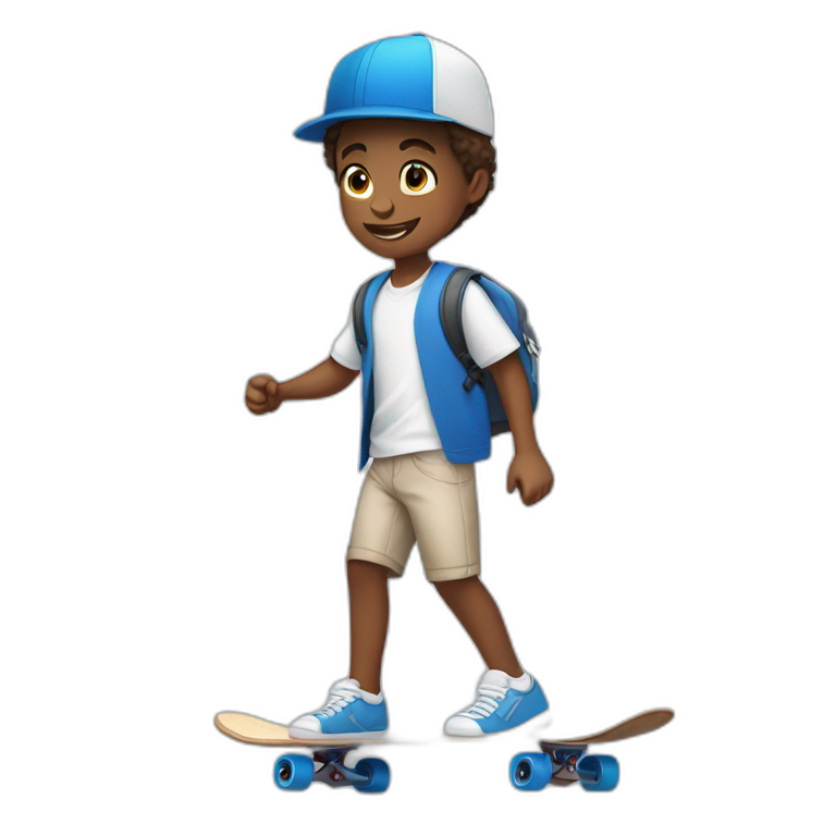 Boy in blue school shorts and white shirt sleeve shirt riding a skateboard emoji