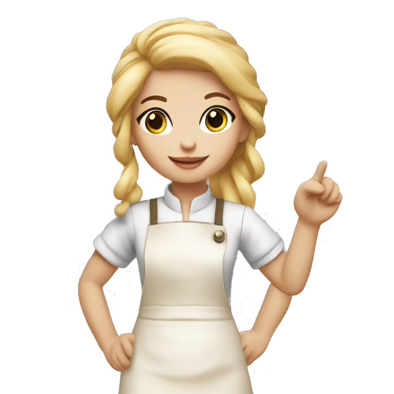 create a little blonde baker doll pointing with her little hand emoji