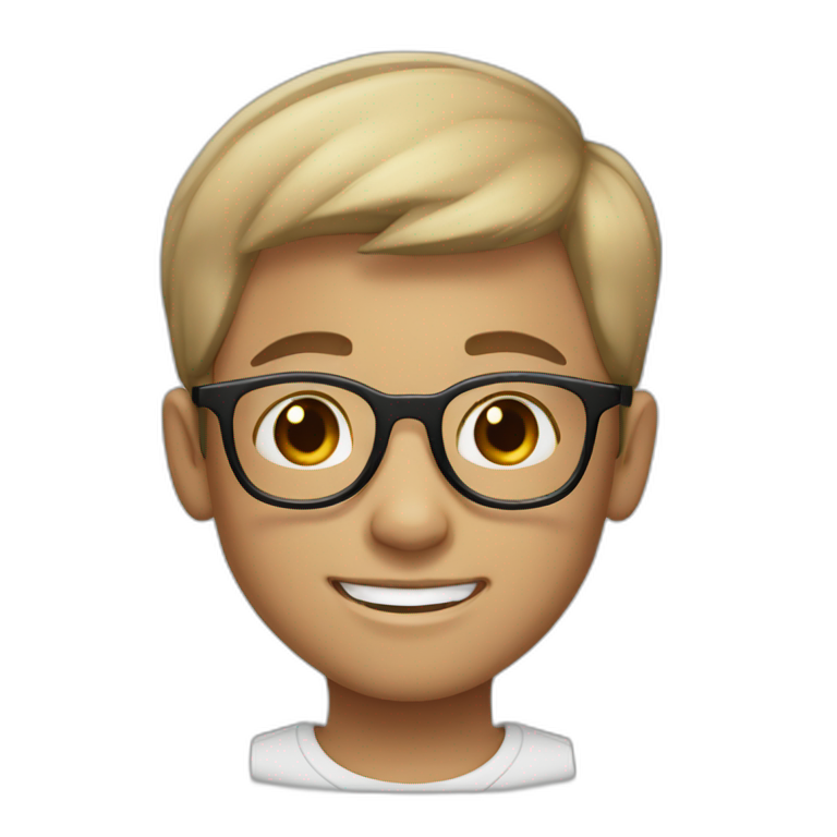 A smiling boy with short hair and light skin wearing black-rimmed round glasses emoji