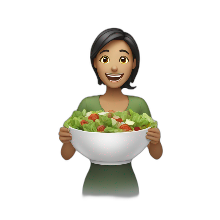 woman laughing alone with salad emoji