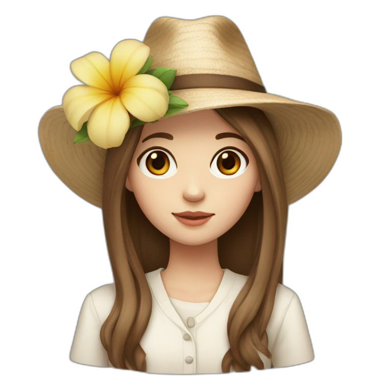 white skin, Girl with a flower in her hand, with a hat, shoulder-length brown straight hair emoji