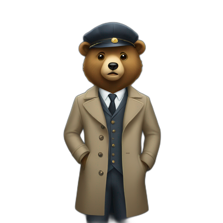 Bear in a trench coat and beret hat and suits at a door emoji