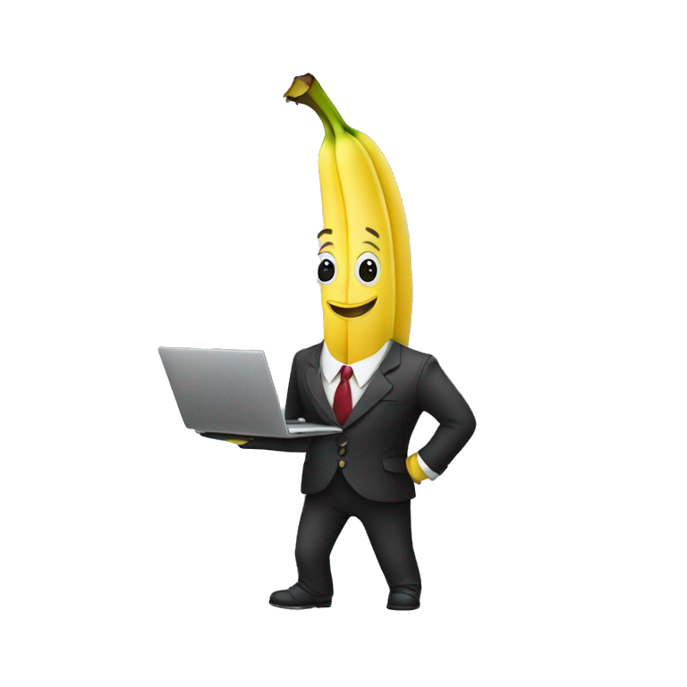 A banana in a fancy suit suit holding a laptop emoji
