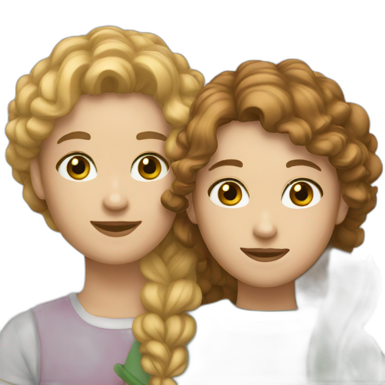 two. Best friends, one with light brown hair, white skin, green eyes and another with white skin, brown hair, brown eyes. emoji