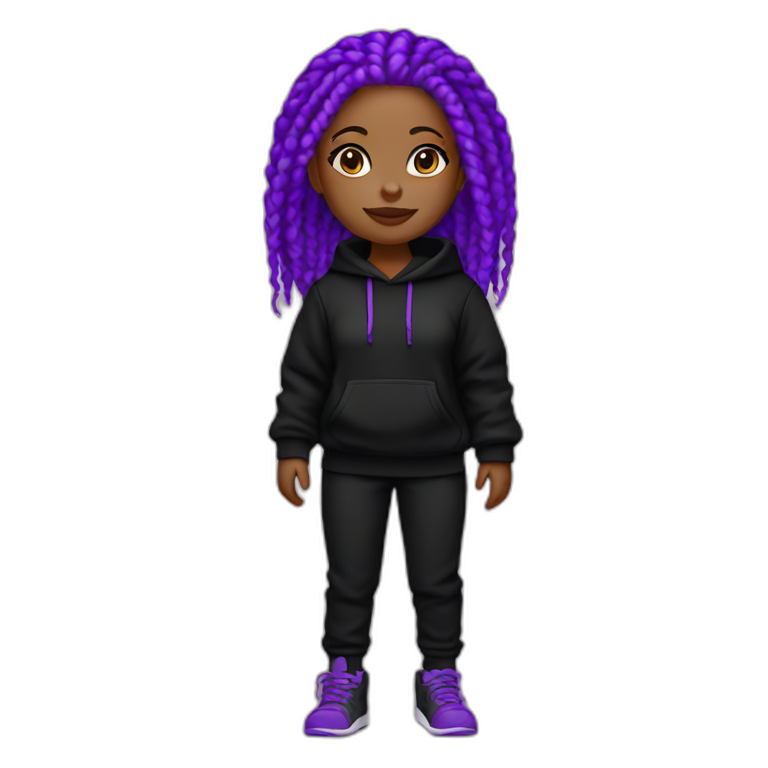 Black girl purple braids wearing black hoodie black black pant and black handbag emoji