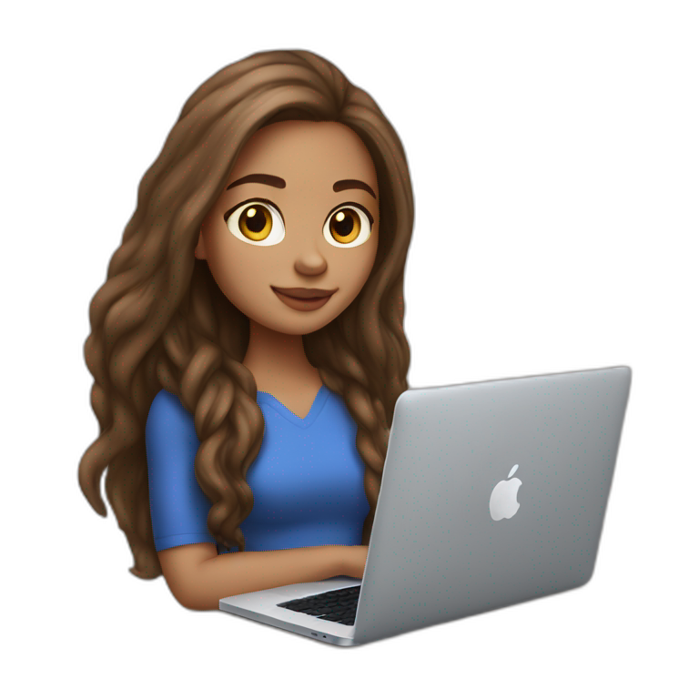 light skin girl in long brown hair with macbook emoji