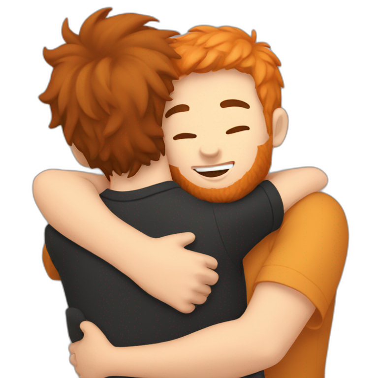 Boy with black hair and beard hugging ginger cat emoji