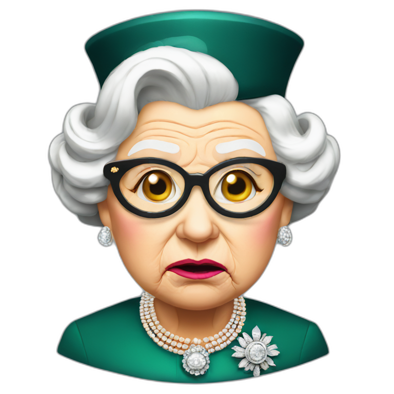 Queen Elizabeth II looking angry with a monocle in one eye emoji