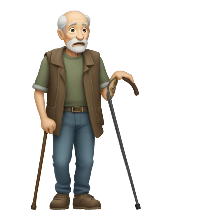 Old man with tattoos leaning on a walking cane holding his back with the other hand emoji