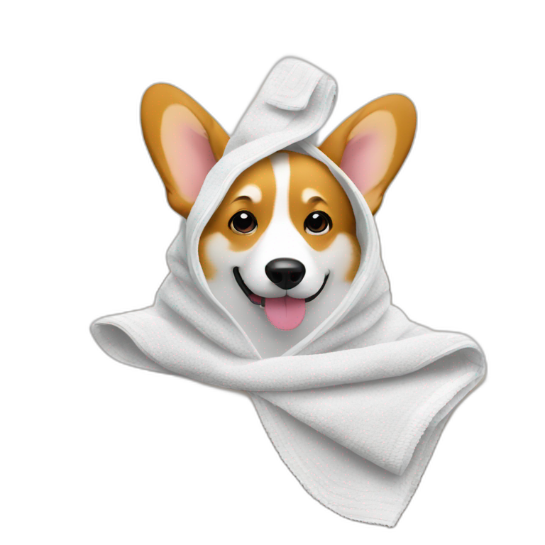 Corgi on the couch with the towel on the head emoji