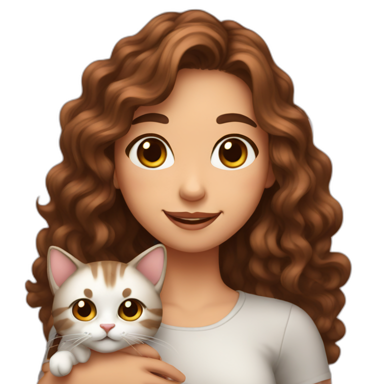 Girl long curly brown hair smiling et tenant brown eyes and holding a cat in her arms emoji