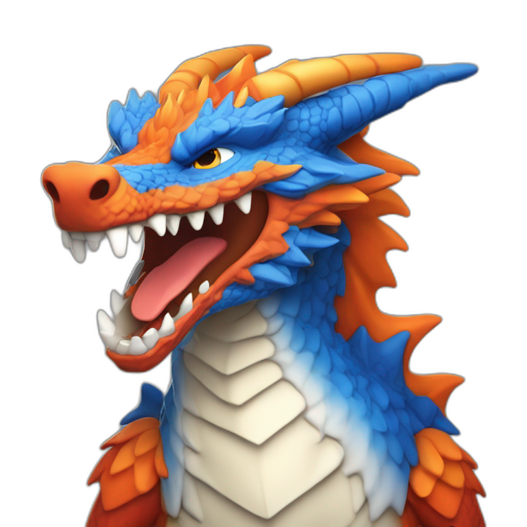 Un dragon mi loup de couleur rouge, bleu, blanc et orange moutardes avec des corne de bélier orange moutard. Il qui crache du feux emoji