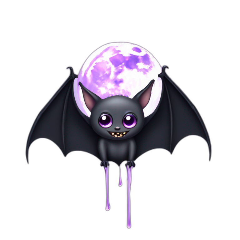 purple black vampire bat pretty eyes wings flying in front of large dripping grey crescent moon emoji