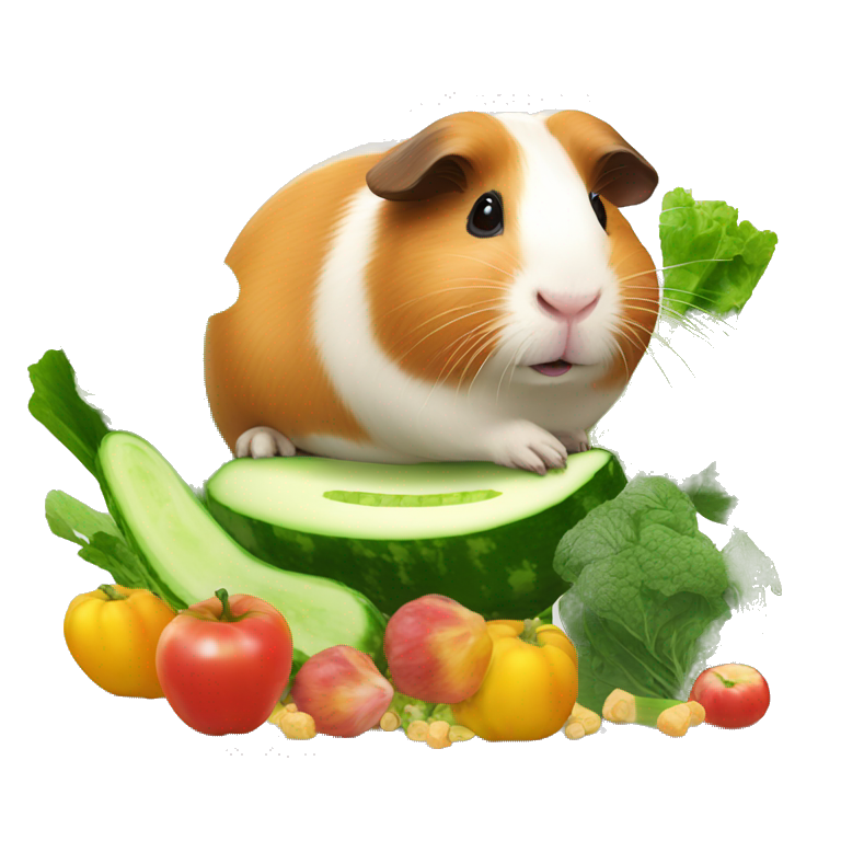 Guineapig playing on a pile of veggies and fruit with a piece of cucumber in his mouth emoji