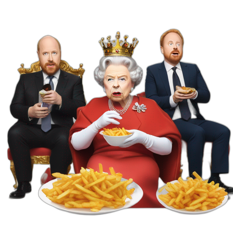 Queen Elizabeth II eating fries with louis c.k. And Warwick davis emoji