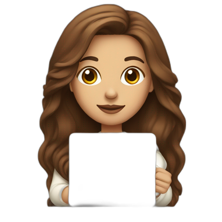 woman with brown long straight hair wearing a white woolly shirt and holding a coffee and a closed laptop emoji