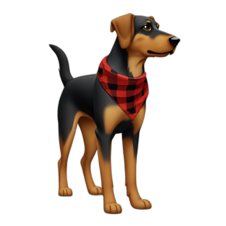 75% Coonhound 25% German Shepherd mix dog wearing small pointed red buffalo plaid bandana side view full body facing left emoji