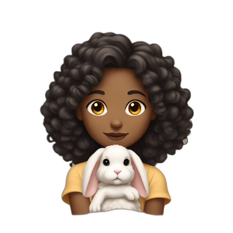 black woman dark long curly hair holding chubby floppy eared tan rabbit cute emoji