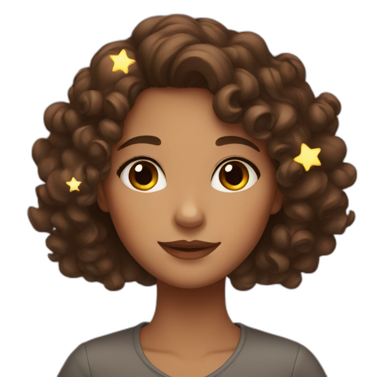 A girl with brown hair and brown eyes and curly hair and stars  emoji