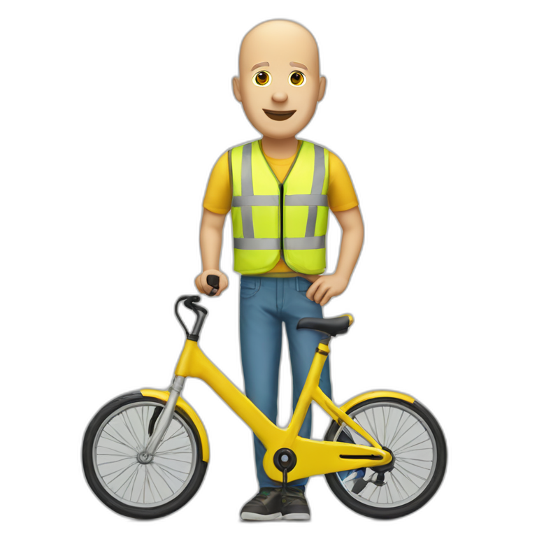 a bald white man with a yellow safety vest and a yellow bicycle helmet on a trotinette emoji