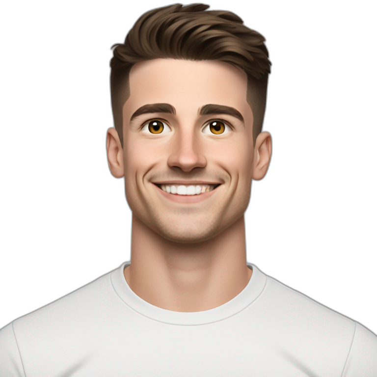 Mason mount 30 year old American Silicon Valley designer smiling with stubble and mustache in a black tshirt with broad shoulders profile photo hair fade undercut emoji