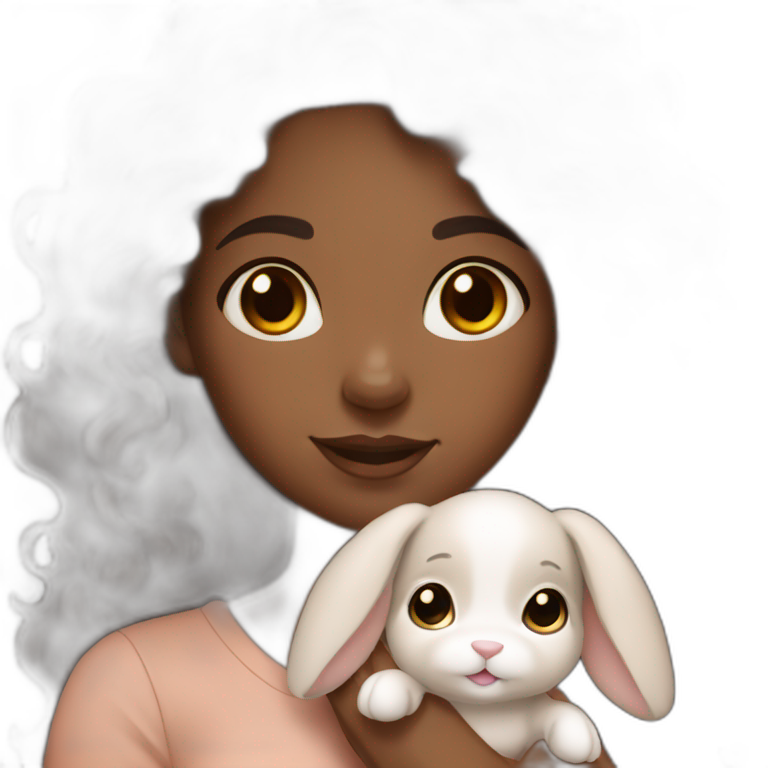 black woman dark long curly hair holding cute floppy eared light brown bunny emoji