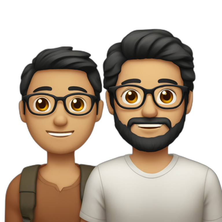 Gay couple of a 32 years old Colombian man with beard and glasses, black hair and brown holding hand with a Vietnamese man, 21 years old, NO BEARD, with old style glasses emoji
