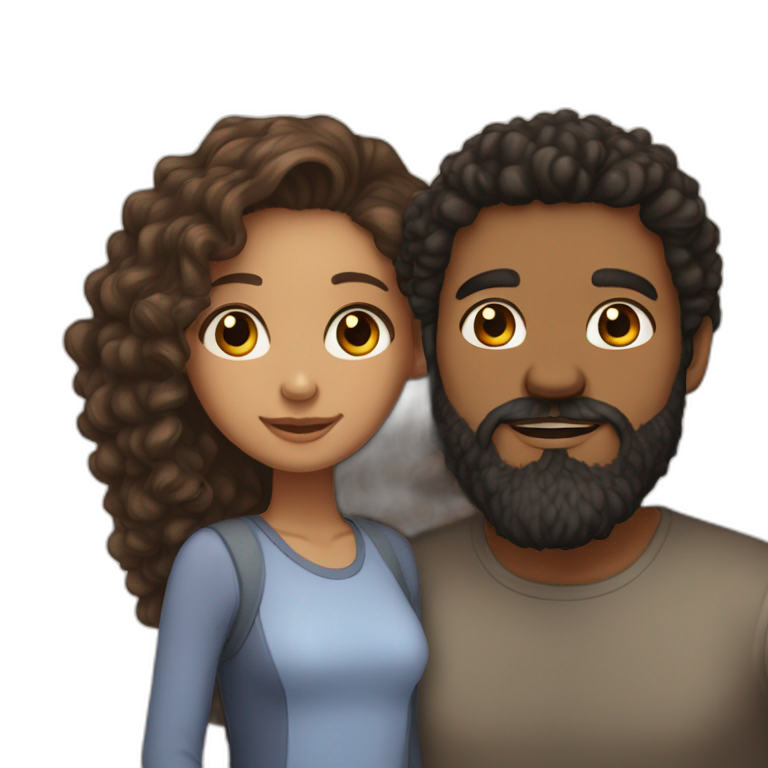 light brown skin girl with long curly brown hair and her boyfriend with black beard and light skin emoji