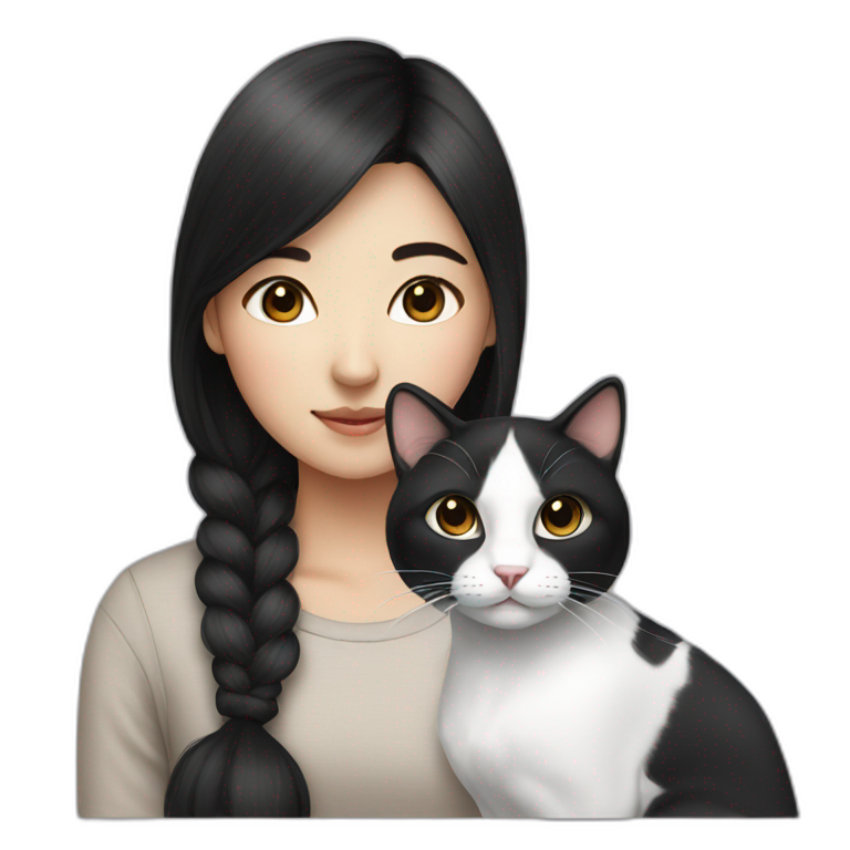 Asian girl with Black and White cat emoji