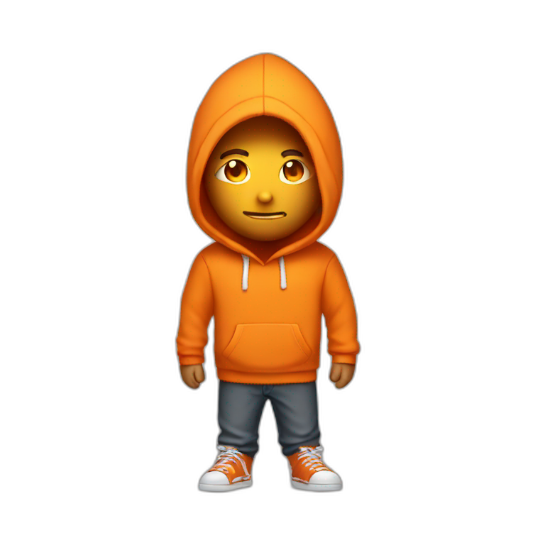 Guy with orange hoodie that cover his whole body with white flaming eyes emoji