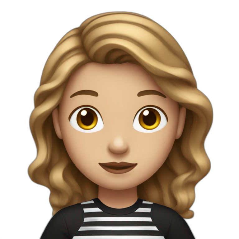 woman with long wavy light brown hair wearing black stripy t-shirt emoji