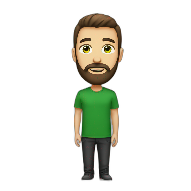 a medium and brown beard man. green eyes. black t-shirt emoji