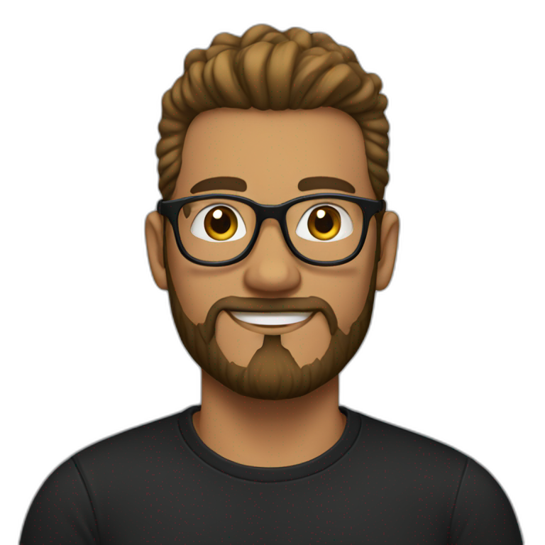 Man with clear glasses and a black tshirt and a man bun and beard emoji