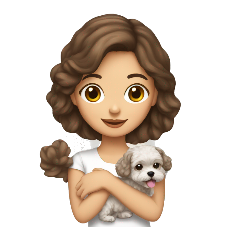 brunette girl holding her maltipoo dog emoji