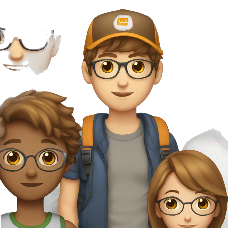 teenage brothers with light skin, brown hair.  Girl with glasses.  boy in cap emoji