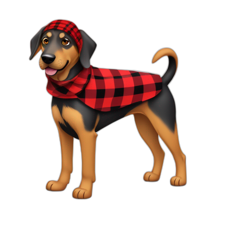adult 75% Coonhound 25% German Shepherd mix dog with visible tail wearing small pointed red buffalo plaid bandana full body walking left emoji