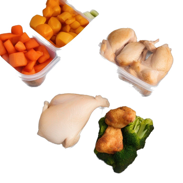 Meal prep container with two compartments: chicken in the big compartment and veggies in the small compartment  emoji